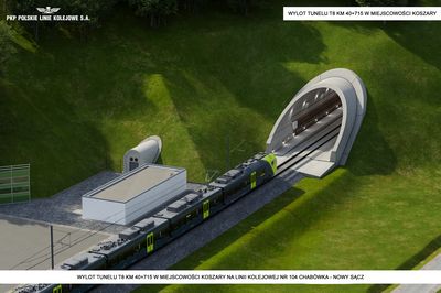 Wizualizacja wylotu tunelu T8 KM 40 w miejscowości Koszary na linii kolejowej nr 104 Chabówka - Nowy Sącz