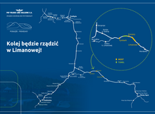 Mapka z zaznaczonym odcinkiem Tymbark - Limanowa