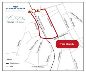 Mapka z objazdem dla ul. Kościuszki w Nowym Sączu